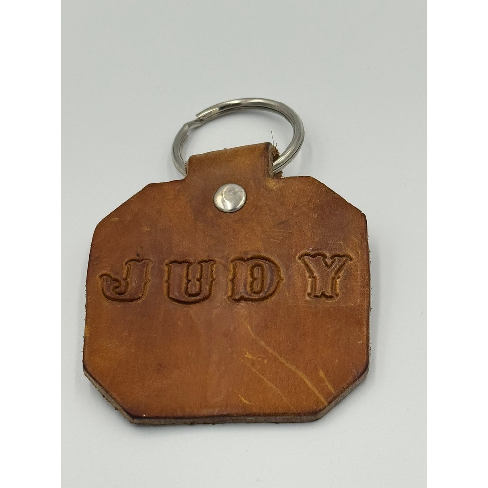 Vintage Personalized Leather Keychain Judy Name Fob Brown Western Style Embossed